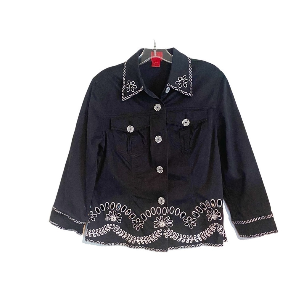 Very Vera Embroidered Black Jacket S Cotton Blend Eyelet Floral